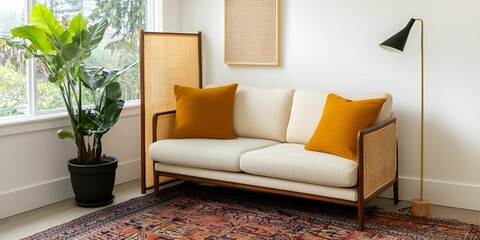 A cozy living room setting featuring a modern sofa with cushions, a plant, and a stylish lamp against a light wall.