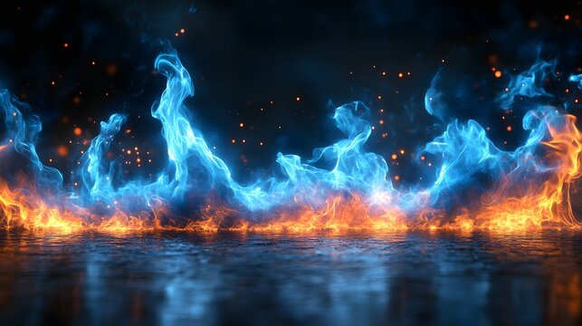 Electric blue flames dancing against black background, creating mystical fire wall effect with ethereal glow and supernatural atmosphere on reflective surface.