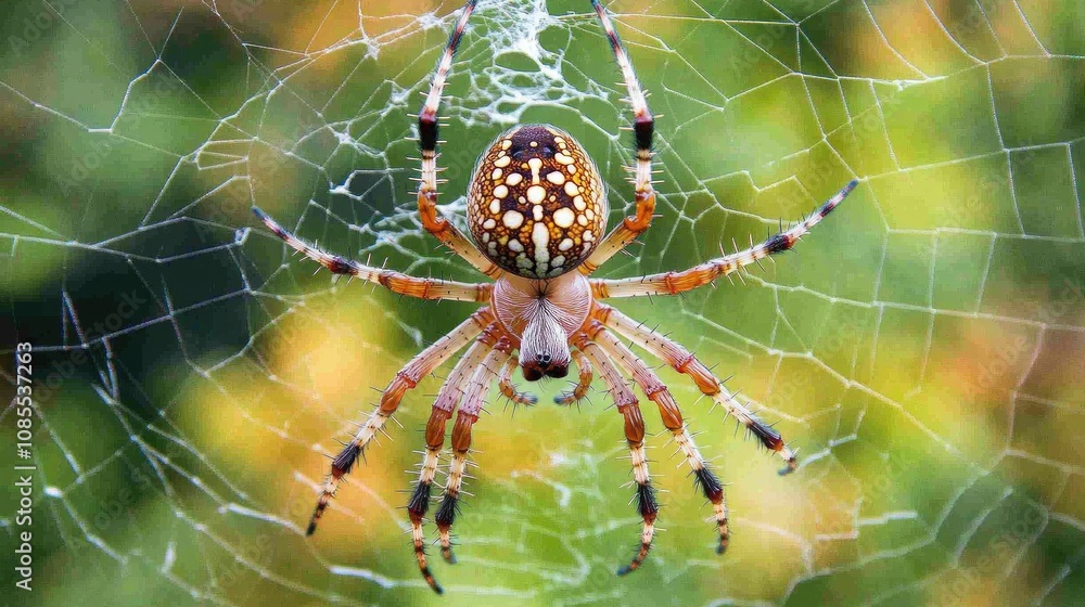Aufkleber close-up view of a colorful spider creating intricate web in a natural outdoor environment during da