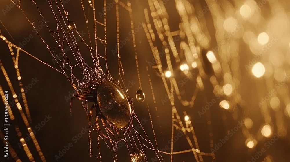 Poster close-up of a spider on a web adorned with dew drops sparkling in the morning light, creating a magi