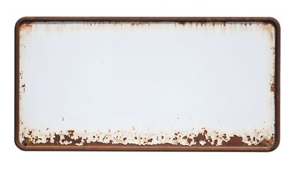 A vintage rectangular metal sign featuring a blank white center, framed by visible rust and wear.