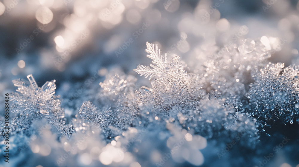Poster delicate snowflakes, sparkling with light, are clustered together