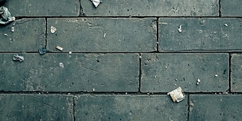 A close-up view of a textured pavement with scattered litter.