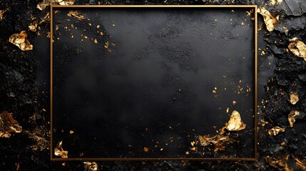 Luxury black chalkboard framed in gold metallic, set against dark stone texture with scattered gold leaf flakes, creating premium aesthetic with dramatic lighting.