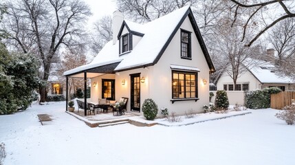 Naklejka premium A cozy cream-colored house with black trim surrounded by snow on a quiet evening, inviting warmth and tranquility from the patio