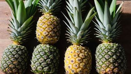 Fototapeta premium fresh whole pineapples with green leaves on table