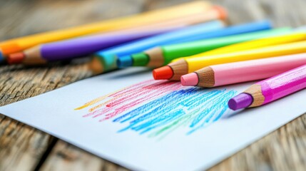 Colorful Drawing Tools on a Wooden Table with Brightly Colored Pencils Creating Vibrant Scribbles on White Paper in an Artistic Workspace