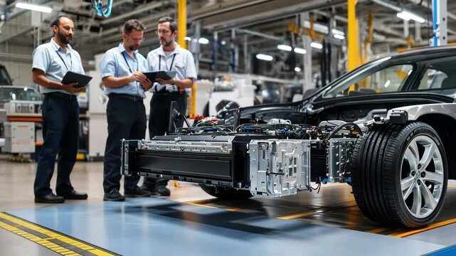 Three male engineers stood in front of the car and looked at it.