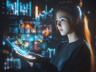 Businesswoman Interacts with Futuristic Holographic Loan Documents and Analytics