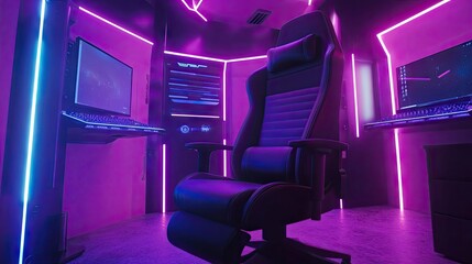 Empty gamer chair in a room illuminated by purple and blue RGB lights, monitors and keyboard casting ambient glow.