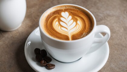 freshly brewed coffee with latte art in white mug