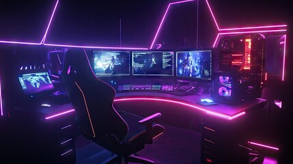 Empty gaming chair with neon RGB lights glowing around, dual screens on the desk showing game visuals in a dark room.