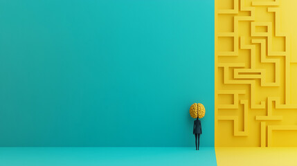 A Brain and Maze Metaphor for Stress. Concept of Anxiety and Mental Struggle. A Person Confronting Overthinking and Stress. Turquoise and yellow background. Copy space. 