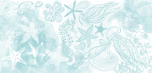  Pre-made design with  sea creatures and blue watercolor splashes. Vector layout decorative greeting card or invitation design background. 