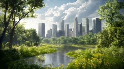 A vibrant urban landscape blending nature and skyscrapers, showcasing lush greenery beside a serene water body with a city skyline in the background.