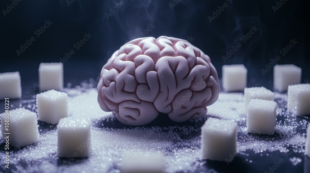 Poster brain model steaming and surrounded by refined white sugar cubes represents sugar addiction and its 