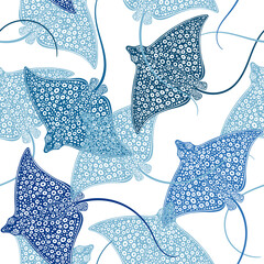 Spotted Eagle Ray, underwater stingray giant ocean animals. Seamless vector pattern with  colored sea ​​creatures. Sea cartoon stylish background.  Perfect for wallpaper, wrapping, fabric, print 