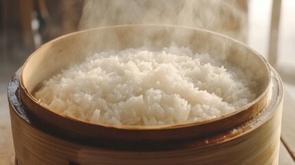 Freshly Steamed White Rice in a Bamboo Steamer, Displaying Delicate Steams Rising in a Natural Setting Reflecting Culinary Tradition and Gourmet Experience