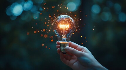 Hand Holding Glowing Filament Inside Lightbulb with Sparks Forming Around It Idea Concept