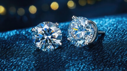 Fototapeta premium Exquisite Close-Up of Sparkling Round Cut Diamond Earrings Displayed Against a Shimmering Blue Background with Bokeh Lights for Luxury Jewelry Photography