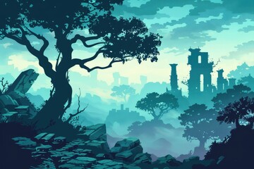 Obraz premium A Silhouetted Tree Stands Before Ruined Towers in a Misty, Turquoise Landscape