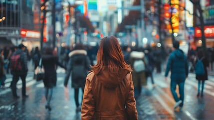 A woman stands at a busy intersection, surrounded by a crowd in a vibrant urban setting.