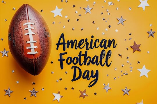 American football day celebration with football and star confetti on orange background