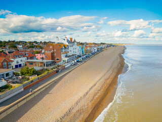 Aerial view of a the wonderful Suffolk, UK beach of Aldeburgh. Showing the various, multicoloured...