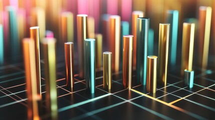 Abstract 3D Representation of Colorful Data Visualization with Vertical Bars and Geometric Grid Pattern in a Vibrant Digital Environment
