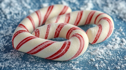 Fototapeta premium Close-up of two intertwined peppermint candy canes sprinkled with powdered sugar, sitting on a blue background