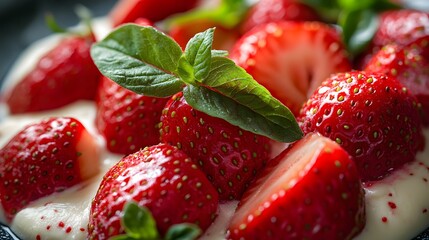 Macro shot of fresh strawberries nestled in cream cheese, showcasing ripe red berries against smooth dairy background with fresh green leaves and gourmet presentation.