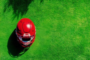 Red football helmet on vibrant green field - sports safety and team spirit concept