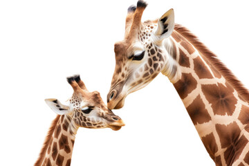 Obraz premium A tiny giraffe standing beside its mother, both displaying an affectionate bond. The mother giraffe looks down lovingly at her calf