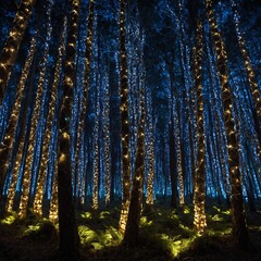 Obraz premium Artificial Forest of LED Trees: A forest made entirely of trees with LED lights embedded into their trunks, glowing with intricate patterns at night.