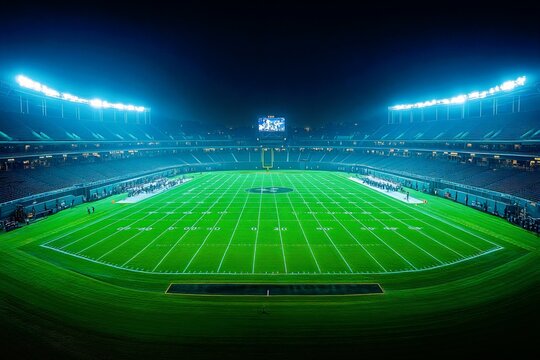 Illuminated football stadium at night: captivating view of an empty field awaiting the big game