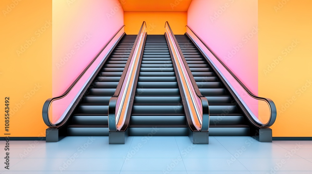 Poster a modern escalator illuminated by colorful neon lights in a vibrant architectural setting at a livel