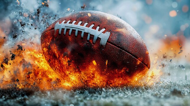 Dynamic fiery american football on field with energy and motion