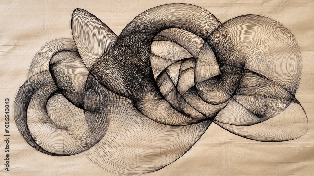 Poster intricate black line art composition on tan background representing fluidity and movement in abstrac