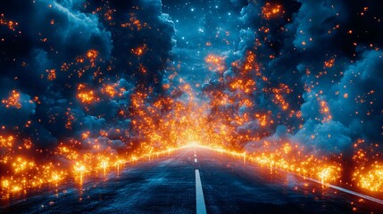 Futuristic highway surrounded by fiery clouds and explosive sparks