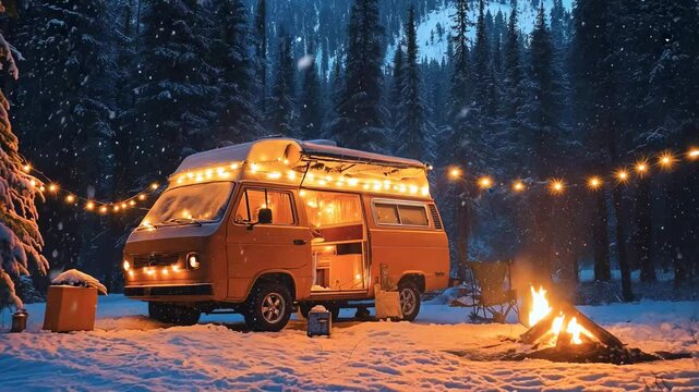 Cozy winter van life adventure with campfire in snowy forest illuminated by string lights
