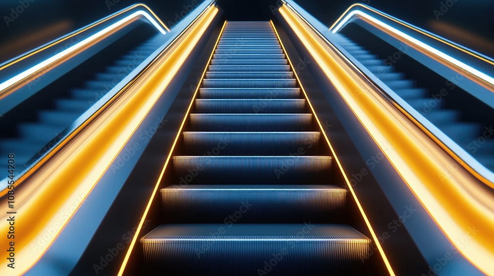 Aufkleber a modern escalator illuminated by vibrant neon lights in a colorful architectural space with dynamic