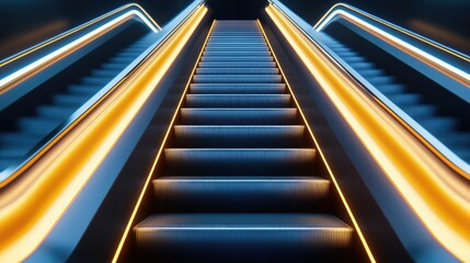 A modern escalator illuminated by vibrant neon lights in a colorful architectural space with dynamic orange and cyan tones