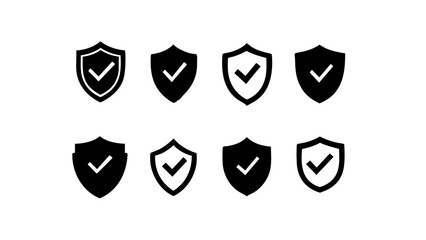 A set of minimalist security shield icons featuring check marks