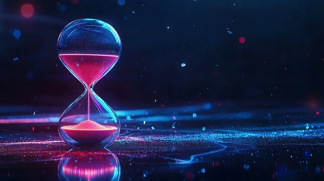 Futuristic Neon Hourglass Suspended in Zero Gravity Void
