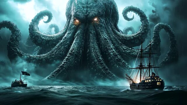 Enormous sea creature encounters ships on a stormy ocean night