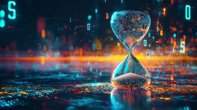 Digital Holographic Hourglass Counting Down with Floating Pixels and Transforming Matrix of Numbers - Powered by Adobe