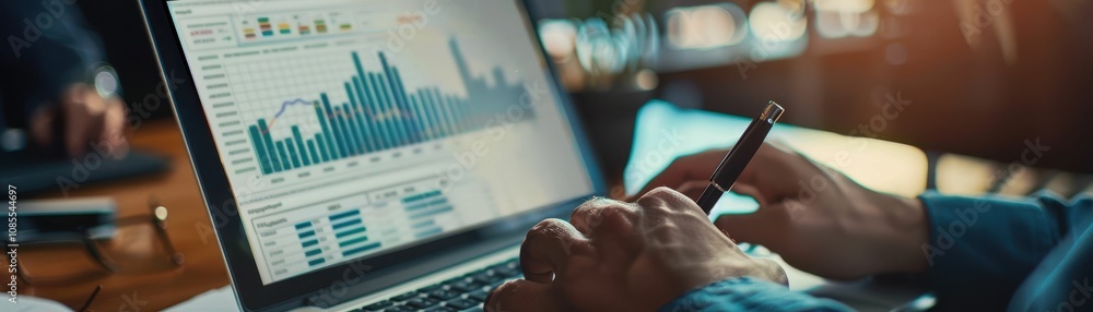 Poster a professional analyzing data on a laptop, showcasing graphs and statistics to make informed busines