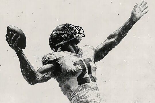 Dynamic football player in action celebrating with raised arms in black and white art