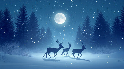 Silhouetted deer walk through a winter wonderland