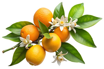 Citrus aurantium with blossom and fruits branch isolated on transparent background, png file.